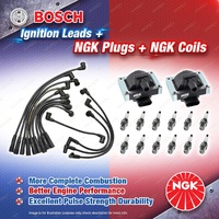 NGK Spark Plugs Coils + Bosch Leads Kit for Jaguar XJS 6.0L 8D V12 24v 227kW RWD