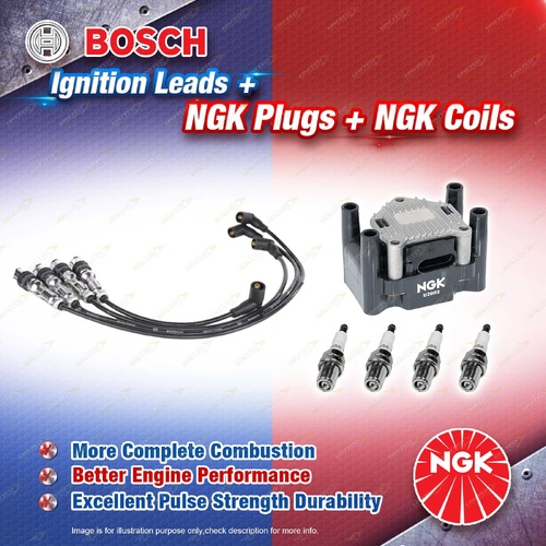 NGK Spark Plugs Coil + Bosch Leads Kit for Volkswagen Beetle 9C 2.0L BER I4 8v