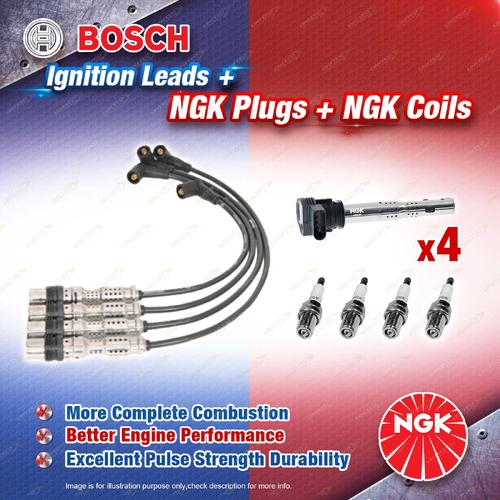 NGK Spark Plugs Coils + Bosch Leads Kit for Skoda Yeti 5L 1.2L CBZB I4 8v 77kW