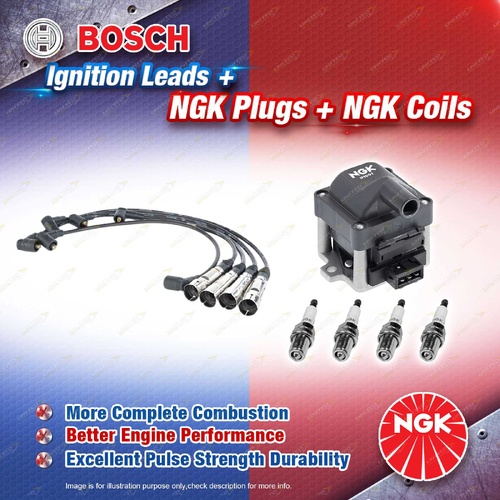 NGK Spark Plugs Coil + Bosch Leads Kit for Volkswagen Polo 6N 1.6L AEE I4 8v