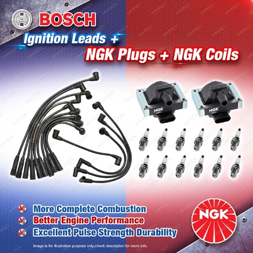 NGK Spark Plugs Coils + Bosch Leads Kit for Jaguar XJS 6.0L 8D V12 24v 227kW RWD