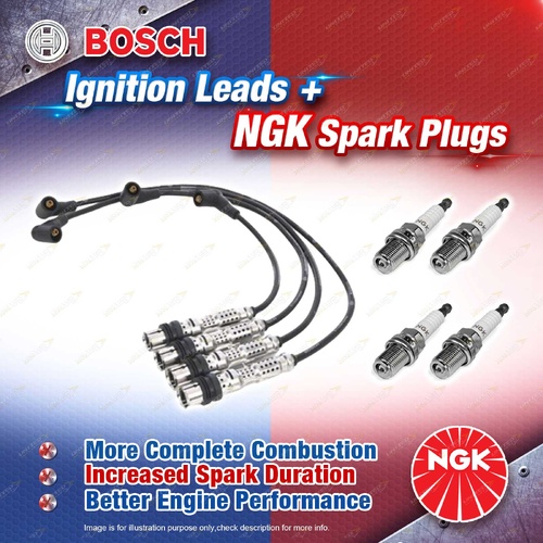 4 x NGK Spark Plugs + Bosch Ignition Leads Kit for Volkswagen Polo 9N 1.6L BCD