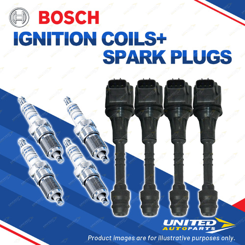 Bosch 4 Spark Plug+4 Ignition Coil for Nissan Pulsar N16 CBAN16 FBAN16 1.8L I4